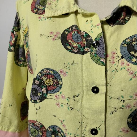 VTG Tom Tom California Sz S Art to Wear Yellow Button Up Shirt Asian Inspired - Picture 4 of 6
